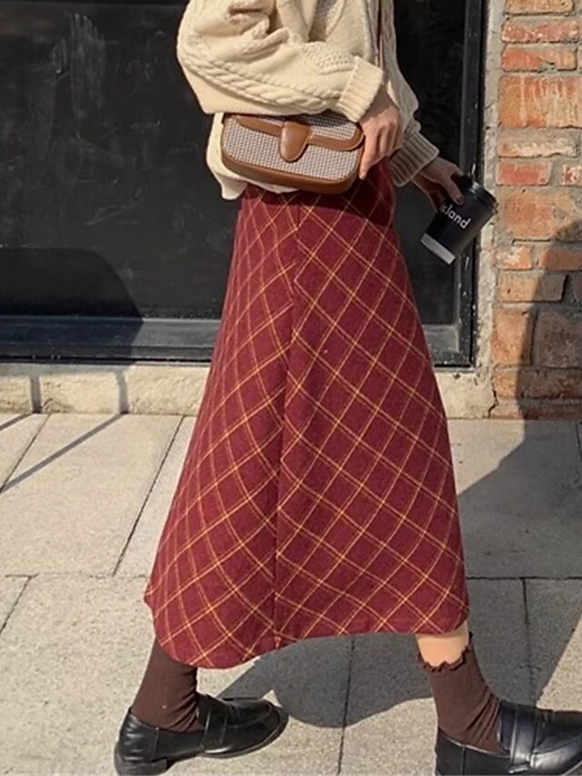 Women's Skirt Long Skirt Midi Cotton Wine Skirts Fall & Winter Plaid Print High Waist Fashion Elegant Christmas Street Xmas S M L 5 Women's Skirt Long Skirt Midi Cotton Wine Skirts Fall & Winter Plaid Print High Waist Fashion Elegant Christmas Street Xmas S M L - Image 5