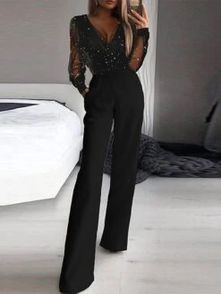 Women‘s Jumpsuit For Special Occasions Mesh Sequin Solid Color V Neck Elegant Party Prom Regular Fit Long Sleeve Black S M L SpringFall