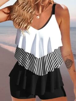 Women's Swimwear Tankini 2 Piece Normal Swimsuit 2 Piece Printing Color Block Striped White Bathing Suits Sports Beach Wear Summer