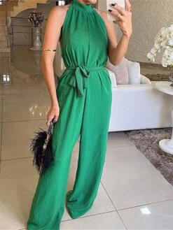 Women's Jumpsuit Lace Up Backless Solid Color Halter Neck Holiday Wedding Street Loose Fit Sleeveless Yellow Fuchsia Green S M L Summer -Outlet Suit Skirt Fit Store dynfmd1691644303418