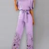 Women's Jumpsuit Lace Up Print Floral Crew Neck Elegant Party Prom Straight Regular Fit Half Sleeve Purple S M L Spring