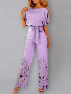 Women's Jumpsuit Lace Up Print Floral Crew Neck Elegant Party Prom Straight Regular Fit Half Sleeve Purple S M L Spring