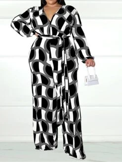Women's Jumpsuit High Waist Print Geometric V Neck Casual Street Daily Regular Fit Long Sleeve Black Yellow Wine XL XXL 3XL Spring -Outlet Suit Skirt Fit Store eaxnuh1675747238519