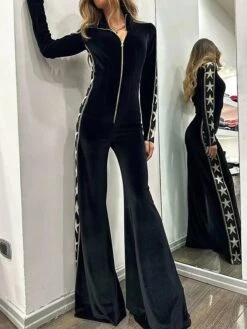 Women‘s Jumpsuit Patchwork Geometric Deep V Velvet Zipper Front Work Vacation Bootcut Regular Fit Long Sleeve Lantern Sleeve Black S M L Spring Cold Weather