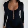 Women's Romper High Waist Cut Out Solid Color U Neck Streetwear Street Sport Regular Fit Long Sleeve Black S M L Summer