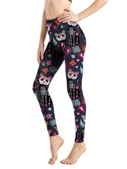 Women's Halloween Leggings Full Length Print Micro-elastic High Waist Active Vacation Halloween Holiday Rose Skull Black Skull S / M L / XL Fall Winter -Outlet Suit Skirt Fit Store ecpsss1696315852769