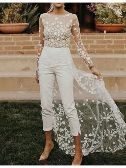 White Jumpsuit For Women Backless Overlay Lace Solid Color Crew Neck Elegant Party Wedding Regular Fit Long Sleeve S M L Spring