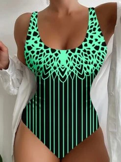 Women's Swimwear One Piece Normal Swimsuit Printing Striped White Yellow Blue Green Bodysuit Bathing Suits Sports Beach Wear Summer -Outlet Suit Skirt Fit Store eeakly1686048468092