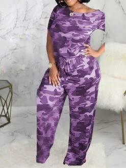 Women's Jumpsuit Pocket Print Camo / Camouflage Crew Neck Streetwear Street Daily Regular Fit Half Sleeve Black Purple Green S M L Summer