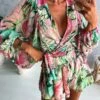 Women's Romper Print Floral V Neck Streetwear Street Going Out Regular Fit Long Sleeve Pink Red Blue S M L Summer