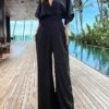 Women's Jumpsuit Backless High Waist Solid Color V Neck Business Office Work Regular Fit Half Sleeve Black Yellow Fuchsia S M L Summer