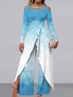 Women's Jumpsuit Print Gradient Off Shoulder Holiday Wedding Party Wide Leg Regular Fit Long Sleeve Black Gold Light Blue S M L All Seasons