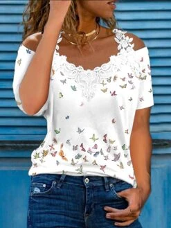 Women's T Shirt Tee White Butterfly Lace Print Short Sleeve Daily Weekend Basic Round Neck Off Shoulder Regular Fit Butterfly Painting