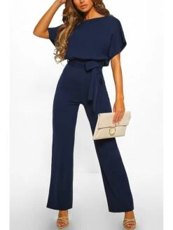 Women's Casual Daily Going Out Blue Black Pink Loose Jumpsuit Solid Color Wide Leg Belted
