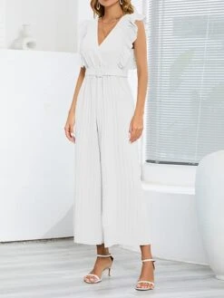 Jumpsuit For Woman Ruffle Solid Color V Neck Streetwear Holiday Vacation Regular Fit Sleeveless Black White Blue S M L Spring -Outlet Suit Skirt Fit Store eulbdu1674008861829