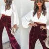 Women's Bell Bottom Pants Trousers Full Length Fashion Streetwear Outdoor Street Black Wine S M Fall Winter