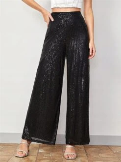 Women's Wide Leg Pants Sequin Trousers Black Mid Waist Fashion Streetwear Party Street Daily Micro-elastic Full Length Breathability Plain S M L XL