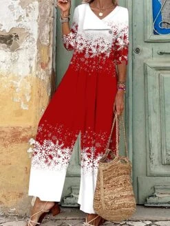 Women's Jumpsuit Print Snowflake V Neck Casual Christmas Vacation Xmas Wide Leg Regular Fit Long Sleeve White Wine Red S M L All Seasons