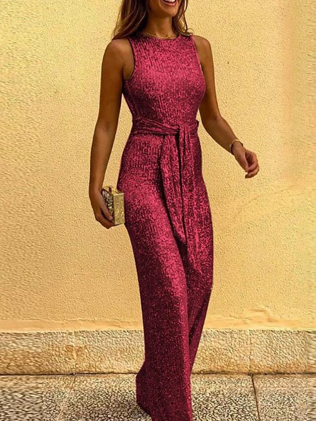 Women‘s Sexy Sophisticated Sparkly Party Wedding Holiday Crew Neck Blue Pink Gold Slim Jumpsuit Solid Color Backless Sequins Lace Up 3 Women‘s Sexy Sophisticated Sparkly Party Wedding Holiday Crew Neck Blue Pink Gold Slim Jumpsuit Solid Color Backless Sequins Lace Up - Image 3