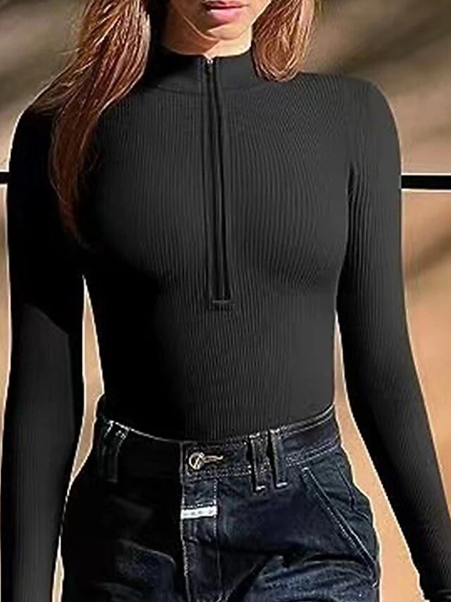 Women's Romper Zipper Solid Color Stand Collar Streetwear Street Daily Regular Fit Long Sleeve Dark Brown Black White S M L Fall 3 Women's Romper Zipper Solid Color Stand Collar Streetwear Street Daily Regular Fit Long Sleeve Dark Brown Black White S M L Fall - Image 3