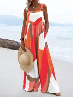 Women's Jumpsuits Bib Casual Summer Pocket Print Color Block Square Neck Street Daily Regular Fit Sleeveless Purple Orange Navy Blue S M L Spring