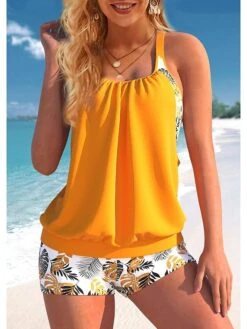 Women's Swimwear Tankini 2 Piece Plus Size Swimsuit 2 Piece Printing Leopard Floral Light Blue Black Navy Blue Blue Orange Tank Top High Neck Bathing Suits Sports Summer
