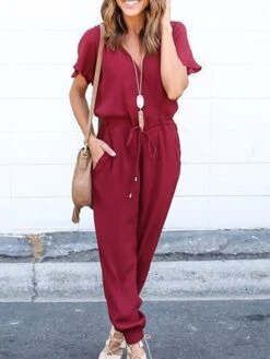 Black Jumpsuit For Women Lace Up Patch PocketSolid Color V Neck Streetwear Daily Vacation Loose Fit Short Sleeve Wine Blue S M L Spring -Outlet Suit Skirt Fit Store fjasqg1676363687312