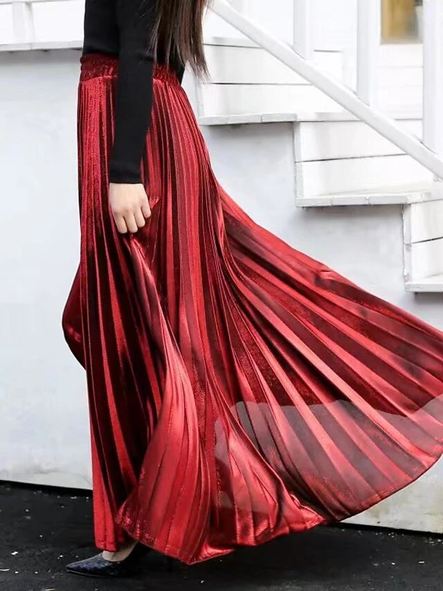 Women's Skirt Swing Long Skirt Maxi Silver Black Red Blue Skirts Pleated Streetwear Summer Holiday Weekend S M L 1 Women's Skirt Swing Long Skirt Maxi Silver Black Red Blue Skirts Pleated Streetwear Summer Holiday Weekend S M L