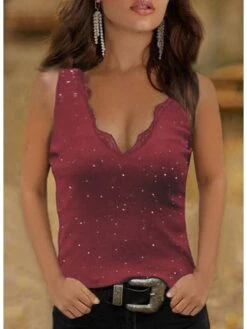 Women's Shirt Tank Top Going Out Tops Black Wine Plain Lace Trims Sleeveless Daily Weekend Casual V Neck Regular Fit