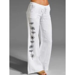 Women's Wide Leg Linen Pants Chinos Full Length Linen Linen / Cotton Blend Baggy Print Micro-elastic Mid Waist Fashion Designer Work Casual Black-White White S M Summer Spring &Fall