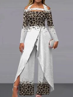 Women's Jumpsuit Print Leopard Off Shoulder Elegant Wedding Party Wide Leg Regular Fit Long Sleeve Silver S M L All Seasons