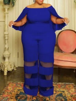 Women's Jumpsuit Mesh Patchwork Solid Color Off Shoulder Elegant Party Office Regular Fit 3/4 Length Sleeve Black Red Blue XL XXL 3XL Summer