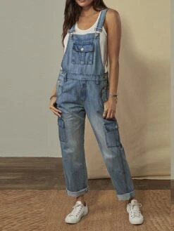 Women‘s Overall Cowgirl Denim Backless Button Solid Color Square Neck Streetwear Daily Vacation Regular Fit Sleeveless Blue S M L Summer
