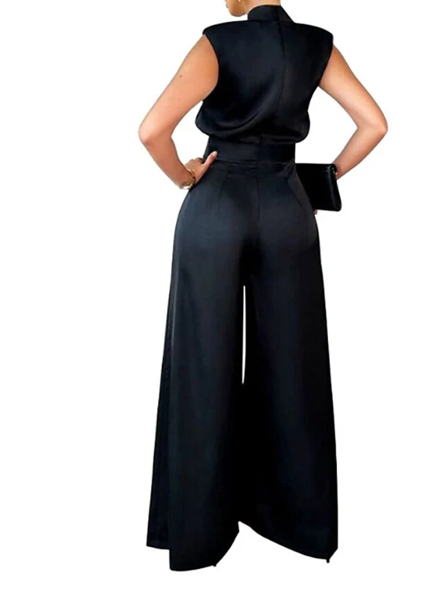 Women Party Jumpsuit Clean Fit Dressy Solid Color Turtleneck Vacation Regular Fit Sleeveless Red Apricot Black S M L SpringFall(Without Belt) 2 Women Party Jumpsuit Clean Fit Dressy Solid Color Turtleneck Vacation Regular Fit Sleeveless Red Apricot Black S M L SpringFall(Without Belt) - Image 2