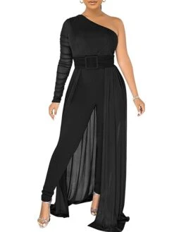 Women's Jumpsuit Overlay Lace Up Mesh Solid Color One Shoulder Streetwear Party Going Out Regular Fit Long Sleeve Black White Yellow S M L Spring 16 Women's Jumpsuit Overlay Lace Up Mesh Solid Color One Shoulder Streetwear Party Going Out Regular Fit Long Sleeve Black White Yellow S M L Spring -Outlet Suit Skirt Fit Store gqukyn1676364637903