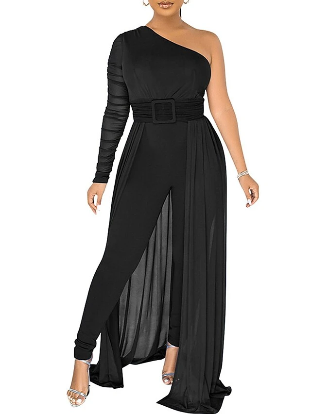 Women's Jumpsuit Overlay Lace Up Mesh Solid Color One Shoulder Streetwear Party Going Out Regular Fit Long Sleeve Black White Yellow S M L Spring 6 Women's Jumpsuit Overlay Lace Up Mesh Solid Color One Shoulder Streetwear Party Going Out Regular Fit Long Sleeve Black White Yellow S M L Spring - Image 6