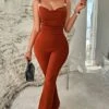 Women's Jumpsuit Backless High Waist Solid Color V Neck Streetwear Street Daily Slim Sleeveless Brown S M L Fall