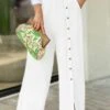 Women's Wide Leg Linen Pants Pants Trousers Full Length Cotton And Linen Pocket Baggy Micro-elastic High Waist Work Comfort Formal Party Depression Green Black S M Summer Spring