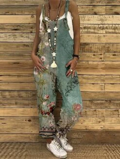 Women's Jumpsuit Overall Floral Crew Neck Streetwear Home Straight Loose Fit Spaghetti Strap Tank Light Green Pink Red S M L Fall Summer