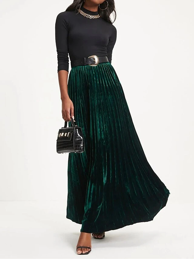Women's Skirt Swing Maxi Skirt Gold Velvet Wine Red Dark Green Skirts Fall & Winter Pleated High Waist Fashion Elegant Christmas Xmas StreetM L XL 6 Women's Skirt Swing Maxi Skirt Gold Velvet Wine Red Dark Green Skirts Fall & Winter Pleated High Waist Fashion Elegant Christmas Xmas StreetM L XL - Image 6