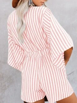 Women's Romper Lace Up Pocket Striped V Neck Casual Street Daily Regular Fit 3/4 Length Sleeve Pink Khaki Light Blue S M L Summer -Outlet Suit Skirt Fit Store gyrpbr1678187353038