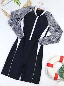 Women's Swimwear Rash Guard Diving Normal Swimsuit Patchwork Zipper Multi Color Geometic Black Padded High Neck Bathing Suits New Vacation Holiday -Outlet Suit Skirt Fit Store hakfln1690880251948