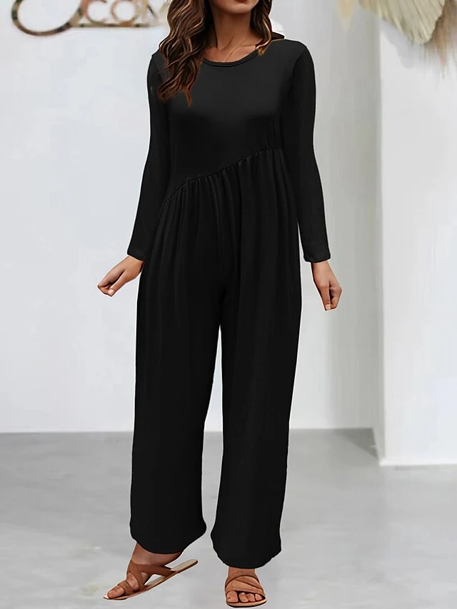 Women's Jumpsuit Pocket Solid Color Crew Neck Streetwear Street Daily Straight Regular Fit Long Sleeve Black Yellow Red S M L Fall 5 Women's Jumpsuit Pocket Solid Color Crew Neck Streetwear Street Daily Straight Regular Fit Long Sleeve Black Yellow Red S M L Fall - Image 5