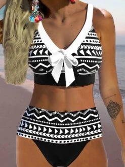 Women's Swimwear Bikini Normal Swimsuit 2 Piece Printing Geometic White Red Bathing Suits Sports Beach Wear Summer