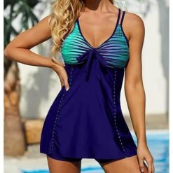 Women's Swimwear Tankini Swim Dress 2 Piece Plus Size Swimsuit Stripe Striped Red Blue Green Tank Top Bathing Suits Sports Summer