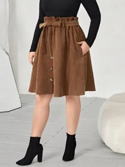 Women's Skirt A Line Knee-length Corduroy Brown Skirts Plus Size Winter Pocket Belt Included Fashion Casual Street Daily XL 2XL 3XL -Outlet Suit Skirt Fit Store hfhrda1695179760276