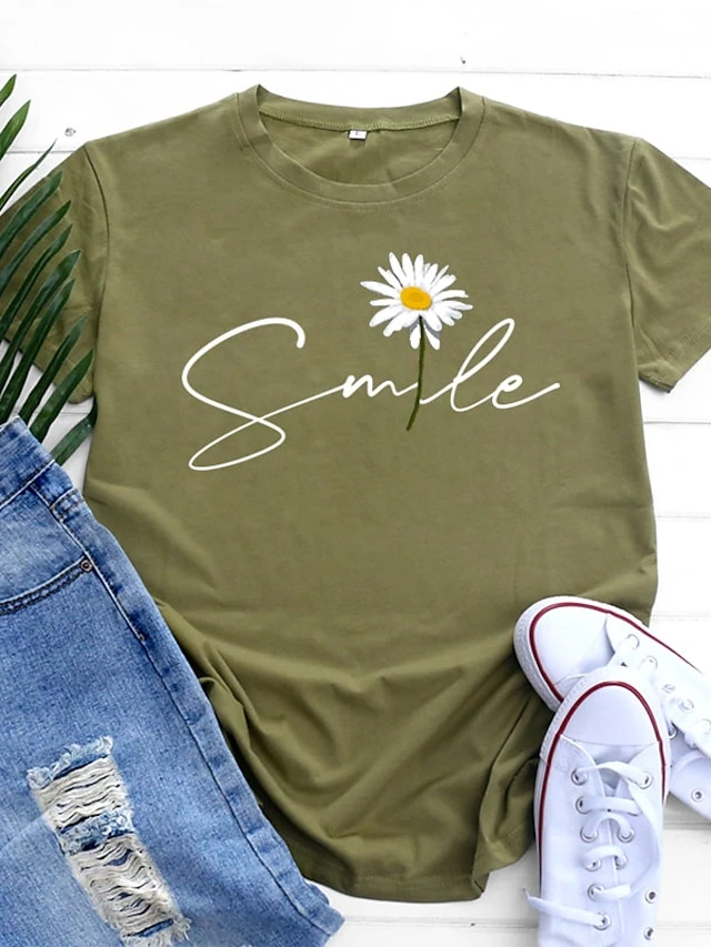 Women's Plus Size T Shirt Tee Cotton 100% Cotton Black White Yellow Daisy Print Short Sleeve Casual Weekend Basic Round Neck Regular Fit Floral Painting 10 Women's Plus Size T Shirt Tee Cotton 100% Cotton Black White Yellow Daisy Print Short Sleeve Casual Weekend Basic Round Neck Regular Fit Floral Painting - Image 10