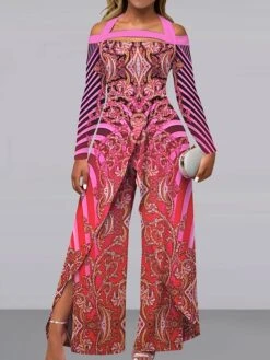 Women‘s Jumpsuit Floral Print Striped Off Shoulder Active Wedding Party Wide Leg Regular Fit Long Sleeve Purple Fuchsia Light Blue S M L All Seasons