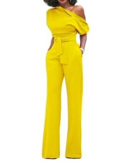 Jumpsuits For Women Dressy Pocket High Waist Solid Color One Shoulder Elegant Xmas Party Christmas Street Regular Fit Half Sleeve Black Blue Yellow S M L Fall Winter Summer -Outlet Suit Skirt Fit Store hiuuvg1666854272519