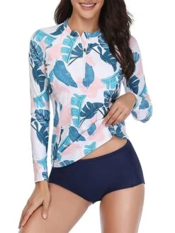 Women's Swimwear Rash Guard Diving Normal Swimsuit Half Zip Mixed Color Floral Print Plant Black White Pink Padded High Neck Bathing Suits New Vacation Holiday